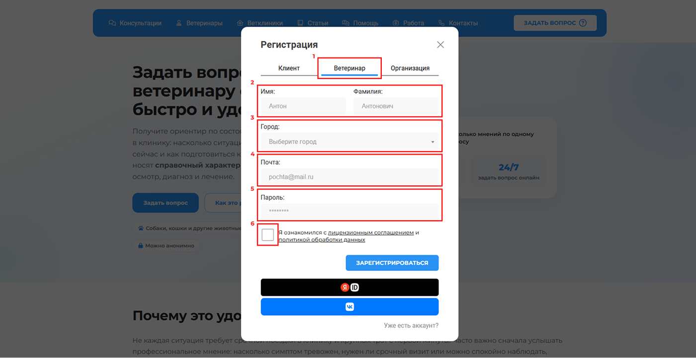 Регистрация аккаунта ветеринарного специалиста: выбор типа аккаунта и поля формы